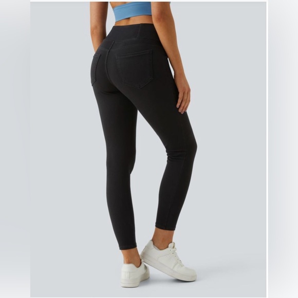 HALARA High Waisted Crossover Pockets Denim Work Leggings Black Medium NWT - Picture 2 of 2